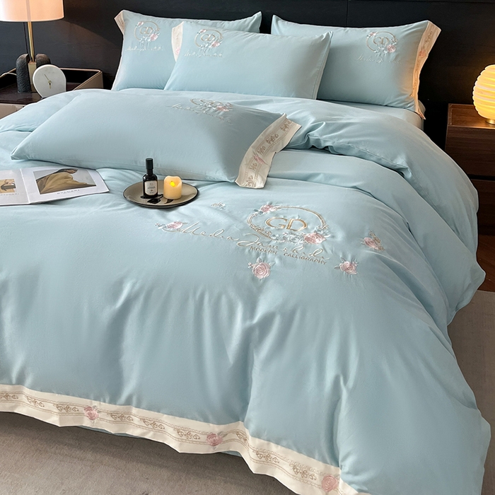 小叮当家纺仓储工厂店 2025新款(买家秀不断货)亲肤A类全棉纯棉长绒棉全棉纯棉磨毛四件套-斯嘉丽系列 斯嘉丽-飘蓝