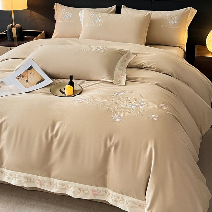 小叮当家纺仓储工厂店 2025新款(买家秀不断货)亲肤A类全棉纯棉长绒棉全棉纯棉磨毛四件套-斯嘉丽系列 斯嘉丽-香槟金