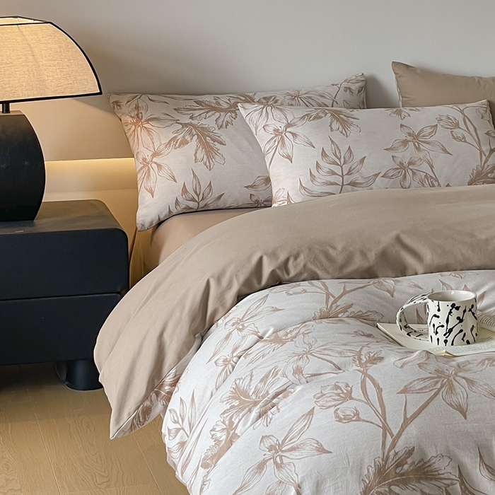 91家纺网 家纺一手货源 找家纺 小叮当家纺仓储工厂店 2025新款(买家秀 不断货)A类亲肤全棉纯棉色织大提花磨毛四件套床单床笠-花漾 花间入梦-咖