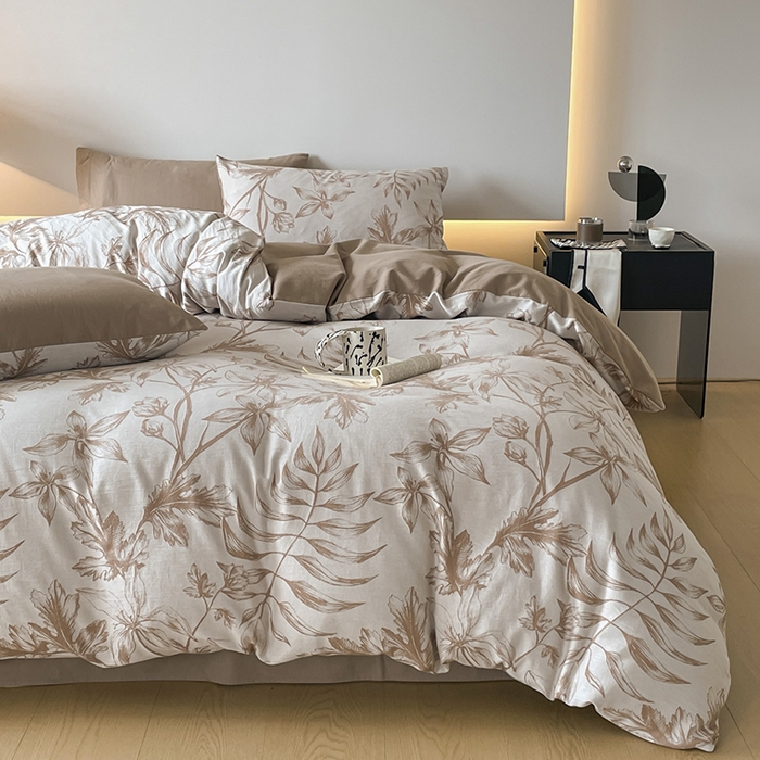 91家纺网 家纺一手货源 找家纺 小叮当家纺仓储工厂店 2025新款(买家秀 不断货)A类亲肤全棉纯棉色织大提花磨毛四件套床单床笠-花漾 花间入梦-咖