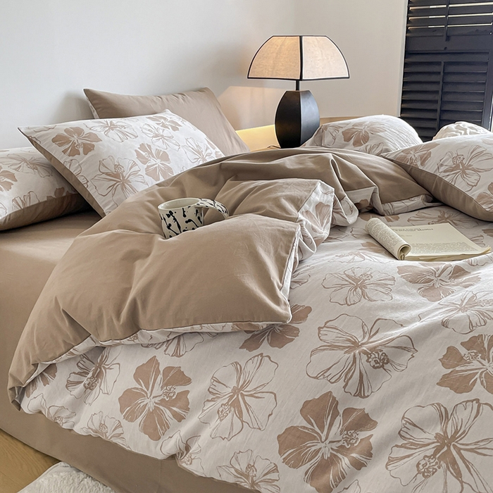 91家纺网 家纺一手货源 找家纺 小叮当家纺仓储工厂店 2025新款(买家秀 不断货)A类亲肤全棉纯棉色织大提花磨毛四件套床单床笠-花漾 繁花寄语-咖