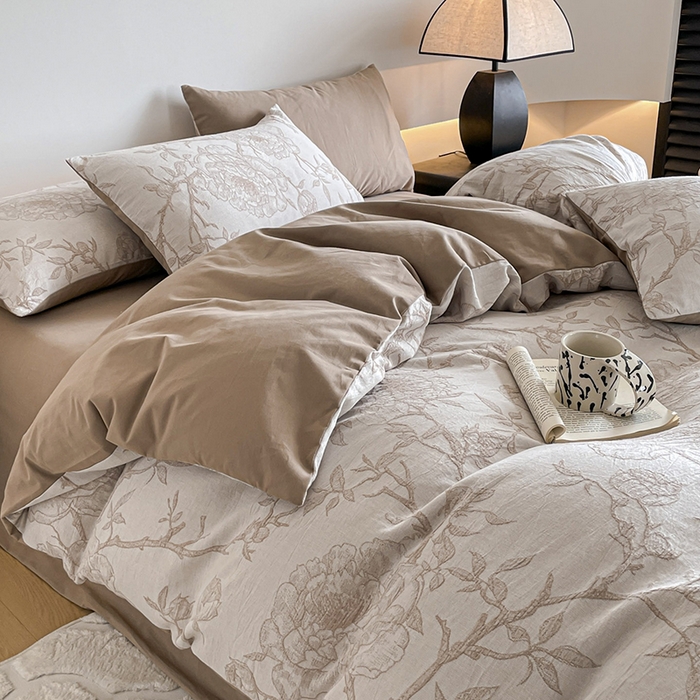 91家纺网 家纺一手货源 找家纺 小叮当家纺仓储工厂店 2025新款(买家秀 不断货)A类亲肤全棉纯棉色织大提花磨毛四件套床单床笠-花漾 山花烂漫-咖