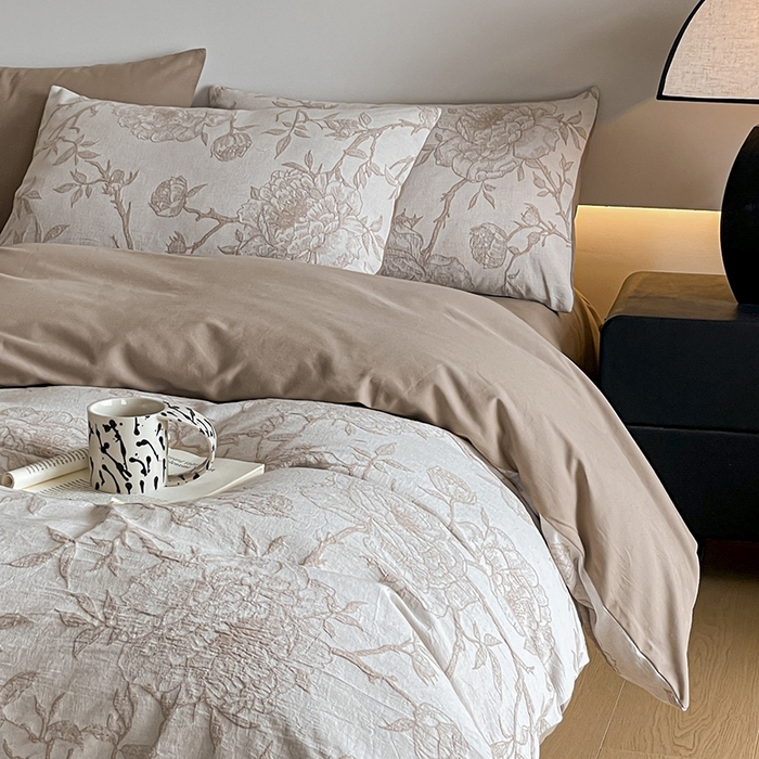 91家纺网 家纺一手货源 找家纺 小叮当家纺仓储工厂店 2025新款(买家秀 不断货)A类亲肤全棉纯棉色织大提花磨毛四件套床单床笠-花漾 山花烂漫-咖