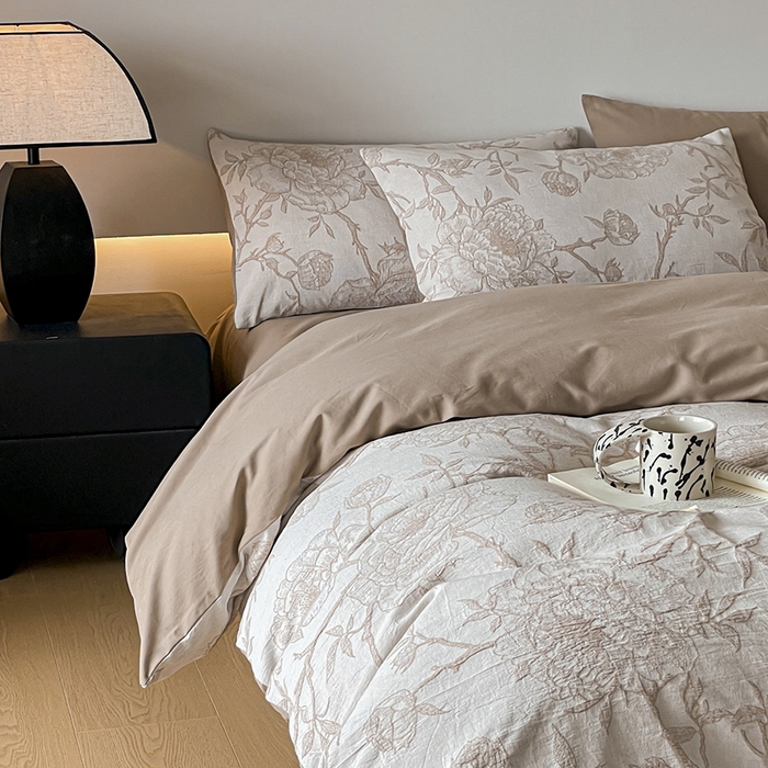 91家纺网 家纺一手货源 找家纺 小叮当家纺仓储工厂店 2025新款(买家秀 不断货)A类亲肤全棉纯棉色织大提花磨毛四件套床单床笠-花漾 山花烂漫-咖