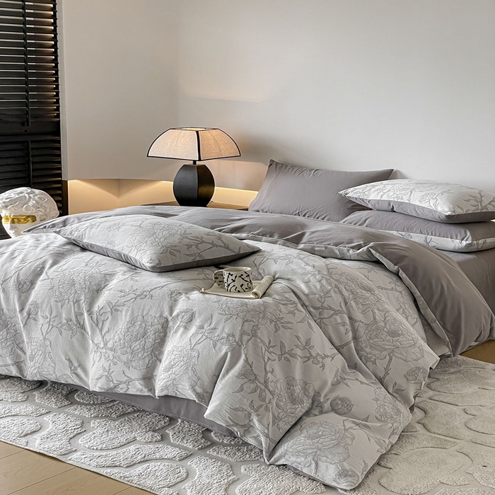 91家纺网 家纺一手货源 找家纺 小叮当家纺仓储工厂店 2025新款(买家秀 不断货)A类亲肤全棉纯棉色织大提花磨毛四件套床单床笠-花漾 山花烂漫-灰