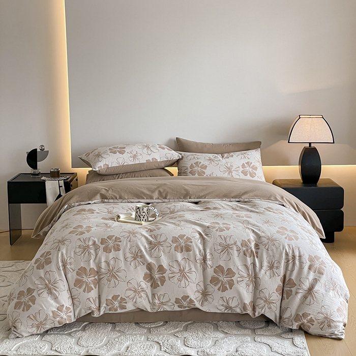 91家纺网 家纺一手货源 找家纺 小叮当家纺仓储工厂店 2025新款(买家秀 不断货)A类亲肤全棉纯棉色织大提花磨毛四件套床单床笠-花漾 繁花寄语-咖