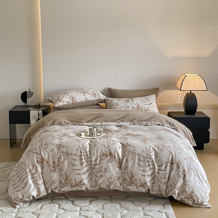 91家纺网 家纺一手货源 找家纺 小叮当家纺仓储工厂店 2025新款(买家秀 不断货)A类亲肤全棉纯棉色织大提花磨毛四件套床单床笠-花漾 花间入梦-咖