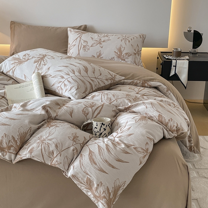 91家纺网 家纺一手货源 找家纺 小叮当家纺仓储工厂店 2025新款(买家秀 不断货)A类亲肤全棉纯棉色织大提花磨毛四件套床单床笠-花漾 花间入梦-咖