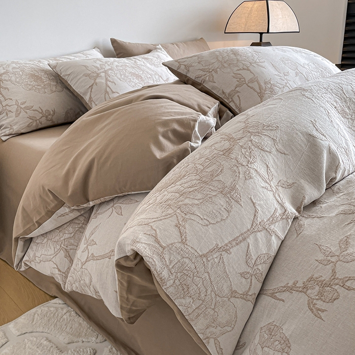 小叮当家纺仓储工厂店 2025新款(买家秀 不断货)A类亲肤全棉纯棉色织大提花磨毛四件套床单床笠-花漾 山花烂漫-咖