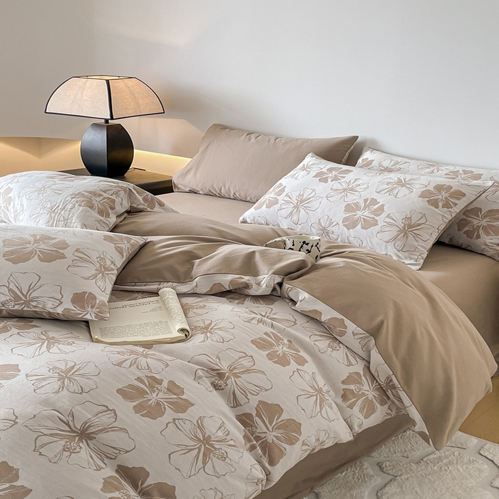 91家纺网 家纺一手货源 找家纺 小叮当家纺仓储工厂店 2025新款(买家秀 不断货)A类亲肤全棉纯棉色织大提花磨毛四件套床单床笠-花漾 繁花寄语-咖