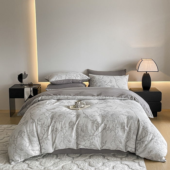 91家纺网 家纺一手货源 找家纺 小叮当家纺仓储工厂店 2025新款(买家秀 不断货)A类亲肤全棉纯棉色织大提花磨毛四件套床单床笠-花漾 山花烂漫-灰