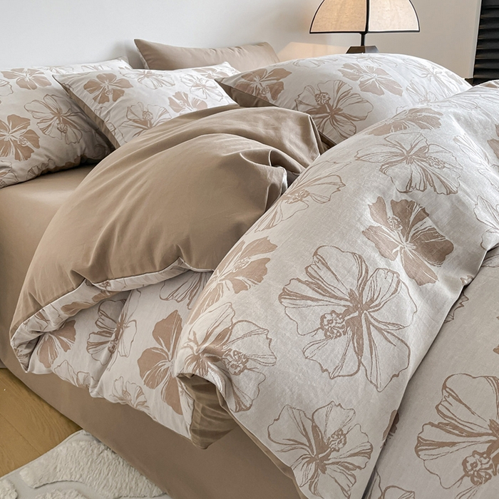 小叮当家纺仓储工厂店 2025新款(买家秀 不断货)A类亲肤全棉纯棉色织大提花磨毛四件套床单床笠-花漾 繁花寄语-咖