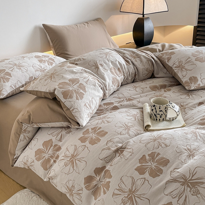 91家纺网 家纺一手货源 找家纺 小叮当家纺仓储工厂店 2025新款(买家秀 不断货)A类亲肤全棉纯棉色织大提花磨毛四件套床单床笠-花漾 繁花寄语-咖