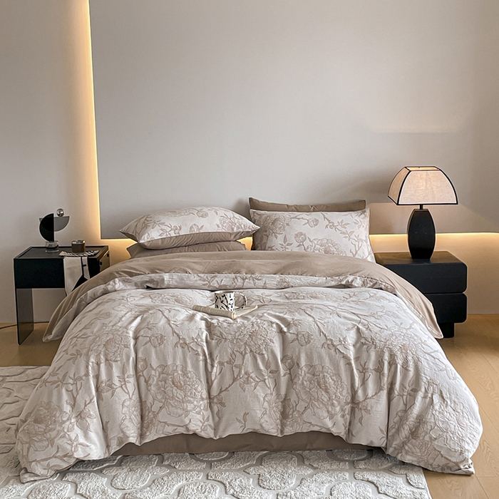 91家纺网 家纺一手货源 找家纺 小叮当家纺仓储工厂店 2025新款(买家秀 不断货)A类亲肤全棉纯棉色织大提花磨毛四件套床单床笠-花漾 山花烂漫-咖