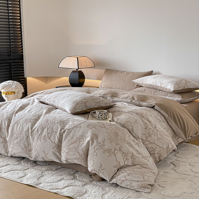 91家纺网 家纺一手货源 找家纺 小叮当家纺仓储工厂店 2025新款(买家秀 不断货)A类亲肤全棉纯棉色织大提花磨毛四件套床单床笠-花漾 山花烂漫-咖