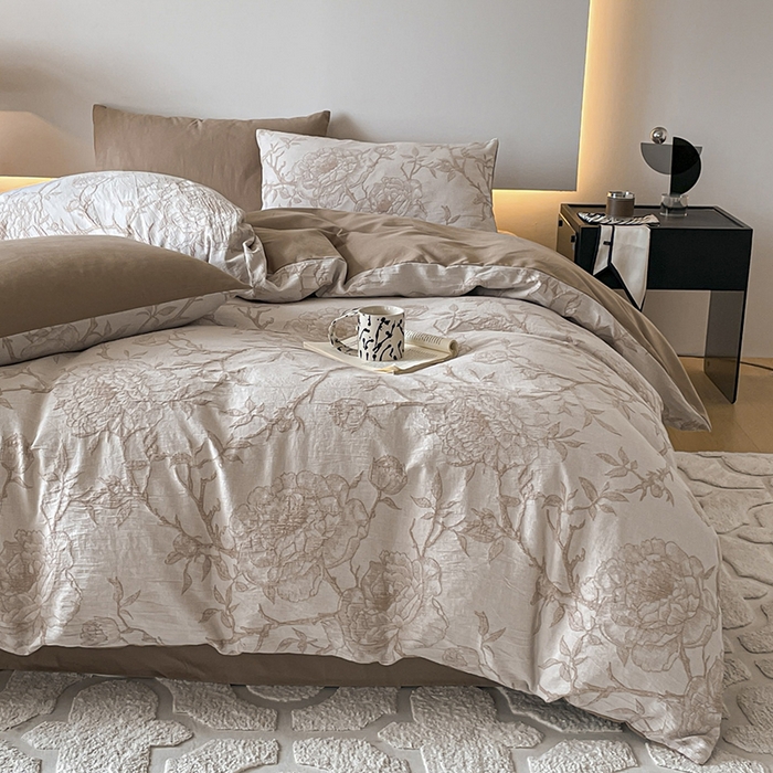 91家纺网 家纺一手货源 找家纺 小叮当家纺仓储工厂店 2025新款(买家秀 不断货)A类亲肤全棉纯棉色织大提花磨毛四件套床单床笠-花漾 山花烂漫-咖