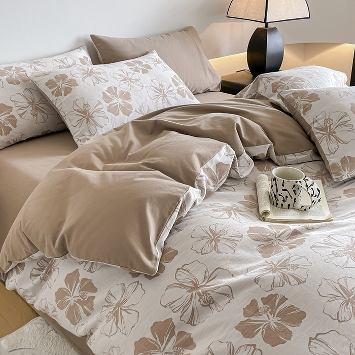 91家纺网 家纺一手货源 找家纺 小叮当家纺仓储工厂店 2025新款(买家秀 不断货)A类亲肤全棉纯棉色织大提花磨毛四件套床单床笠-花漾 繁花寄语-咖