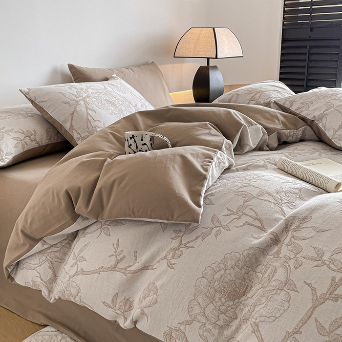 91家纺网 家纺一手货源 找家纺 小叮当家纺仓储工厂店 2025新款(买家秀 不断货)A类亲肤全棉纯棉色织大提花磨毛四件套床单床笠-花漾 山花烂漫-咖