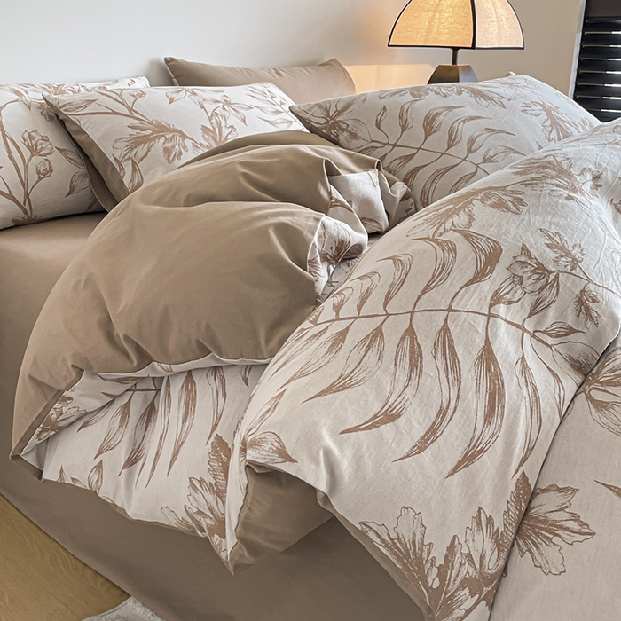 小叮当家纺仓储工厂店 2025新款(买家秀 不断货)A类亲肤全棉纯棉色织大提花磨毛四件套床单床笠-花漾 花间入梦-咖