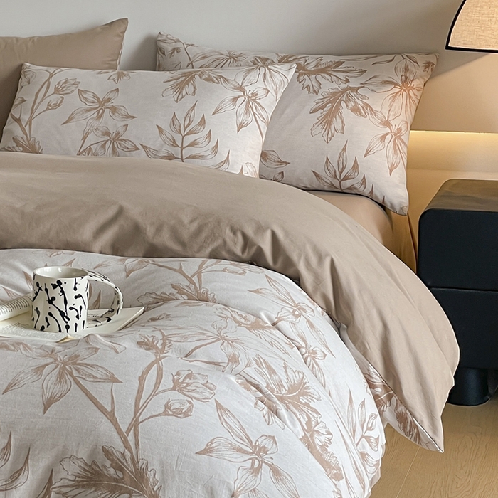 91家纺网 家纺一手货源 找家纺 小叮当家纺仓储工厂店 2025新款(买家秀 不断货)A类亲肤全棉纯棉色织大提花磨毛四件套床单床笠-花漾 花间入梦-咖