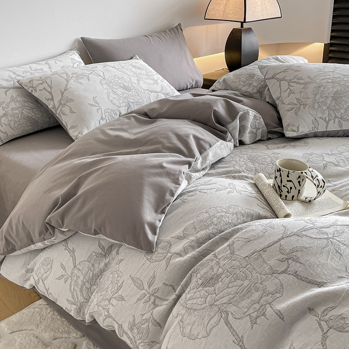 91家纺网 家纺一手货源 找家纺 小叮当家纺仓储工厂店 2025新款(买家秀 不断货)A类亲肤全棉纯棉色织大提花磨毛四件套床单床笠-花漾 山花烂漫-灰