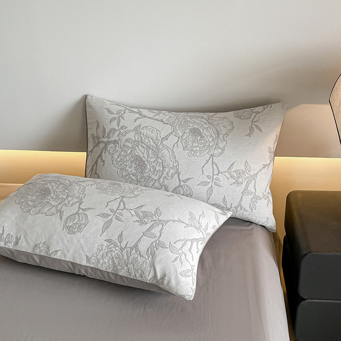 91家纺网 家纺一手货源 找家纺 小叮当家纺仓储工厂店 2025新款(买家秀 不断货)A类亲肤全棉纯棉色织大提花磨毛四件套床单床笠-花漾 山花烂漫-灰