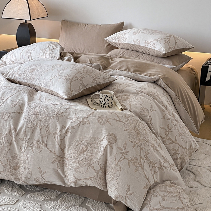 91家纺网 家纺一手货源 找家纺 小叮当家纺仓储工厂店 2025新款(买家秀 不断货)A类亲肤全棉纯棉色织大提花磨毛四件套床单床笠-花漾 山花烂漫-咖