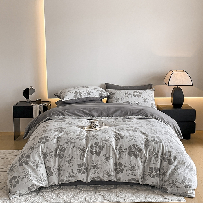 91家纺网 家纺一手货源 找家纺 小叮当家纺仓储工厂店 2025新款(买家秀 不断货)A类亲肤全棉纯棉色织大提花磨毛四件套床单床笠-花漾 繁花寄语-灰