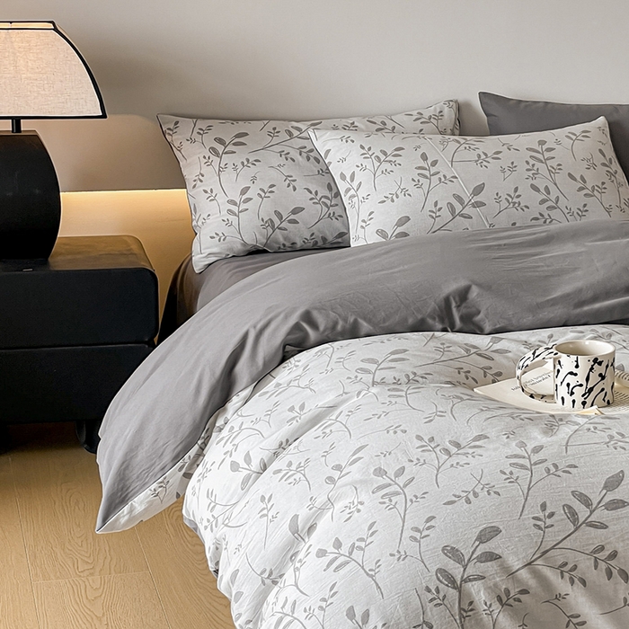 91家纺网 家纺一手货源 找家纺 小叮当家纺仓储工厂店 2025新款(买家秀 不断货)A类亲肤全棉纯棉色织大提花磨毛四件套床单床笠-花漾 浪漫满屋-灰