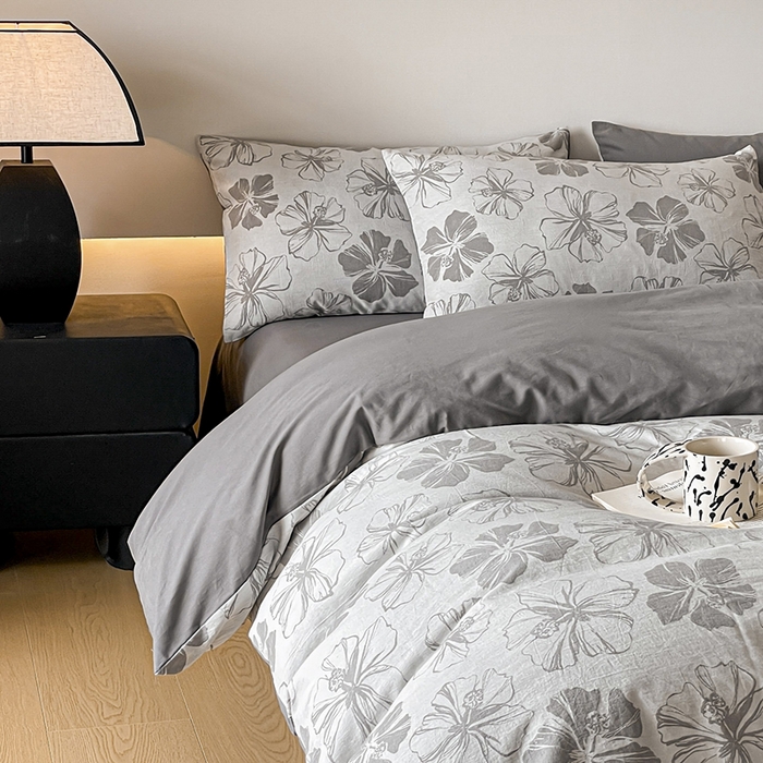 91家纺网 家纺一手货源 找家纺 小叮当家纺仓储工厂店 2025新款(买家秀 不断货)A类亲肤全棉纯棉色织大提花磨毛四件套床单床笠-花漾 繁花寄语-灰