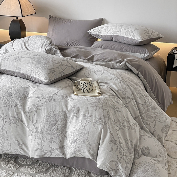 91家纺网 家纺一手货源 找家纺 小叮当家纺仓储工厂店 2025新款(买家秀 不断货)A类亲肤全棉纯棉色织大提花磨毛四件套床单床笠-花漾 山花烂漫-灰