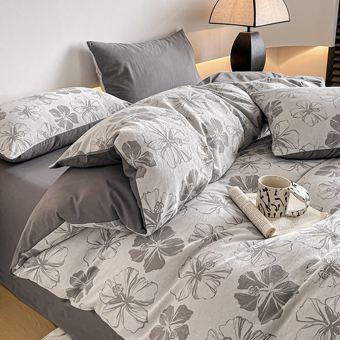 91家纺网 家纺一手货源 找家纺 小叮当家纺仓储工厂店 2025新款(买家秀 不断货)A类亲肤全棉纯棉色织大提花磨毛四件套床单床笠-花漾 繁花寄语-灰