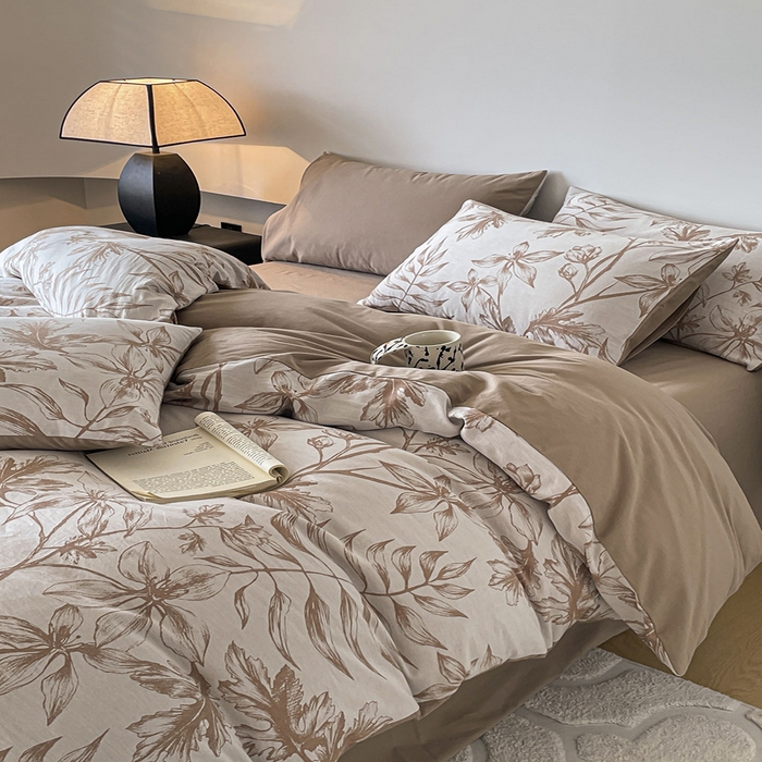 91家纺网 家纺一手货源 找家纺 小叮当家纺仓储工厂店 2025新款(买家秀 不断货)A类亲肤全棉纯棉色织大提花磨毛四件套床单床笠-花漾 花间入梦-咖