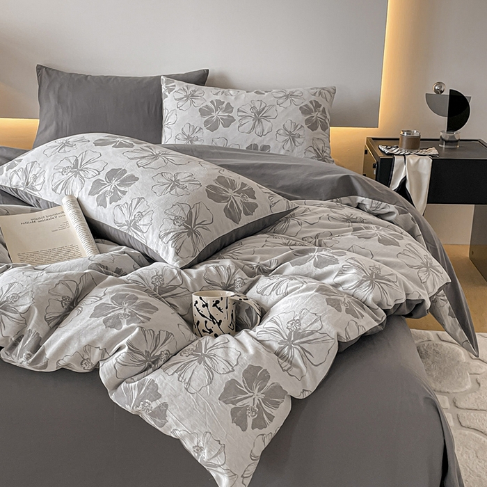 91家纺网 家纺一手货源 找家纺 小叮当家纺仓储工厂店 2025新款(买家秀 不断货)A类亲肤全棉纯棉色织大提花磨毛四件套床单床笠-花漾 繁花寄语-灰