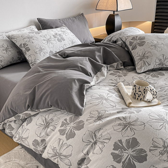 91家纺网 家纺一手货源 找家纺 小叮当家纺仓储工厂店 2025新款(买家秀 不断货)A类亲肤全棉纯棉色织大提花磨毛四件套床单床笠-花漾 繁花寄语-灰