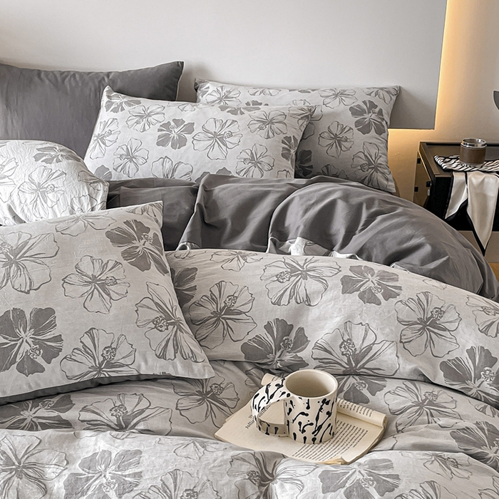 91家纺网 家纺一手货源 找家纺 小叮当家纺仓储工厂店 2025新款(买家秀 不断货)A类亲肤全棉纯棉色织大提花磨毛四件套床单床笠-花漾 繁花寄语-灰