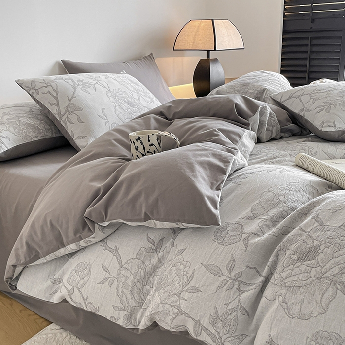 91家纺网 家纺一手货源 找家纺 小叮当家纺仓储工厂店 2025新款(买家秀 不断货)A类亲肤全棉纯棉色织大提花磨毛四件套床单床笠-花漾 山花烂漫-灰