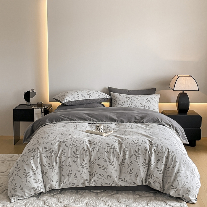 91家纺网 家纺一手货源 找家纺 小叮当家纺仓储工厂店 2025新款(买家秀 不断货)A类亲肤全棉纯棉色织大提花磨毛四件套床单床笠-花漾 浪漫满屋-灰