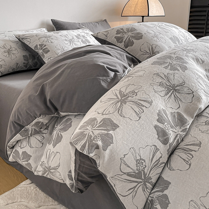 小叮当家纺仓储工厂店 2025新款(买家秀 不断货)A类亲肤全棉纯棉色织大提花磨毛四件套床单床笠-花漾 繁花寄语-灰