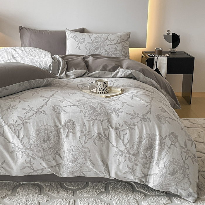 91家纺网 家纺一手货源 找家纺 小叮当家纺仓储工厂店 2025新款(买家秀 不断货)A类亲肤全棉纯棉色织大提花磨毛四件套床单床笠-花漾 山花烂漫-灰
