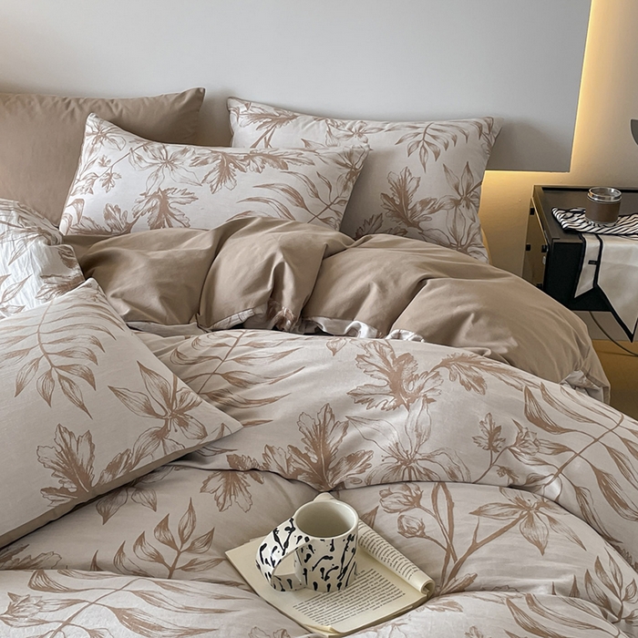 91家纺网 家纺一手货源 找家纺 小叮当家纺仓储工厂店 2025新款(买家秀 不断货)A类亲肤全棉纯棉色织大提花磨毛四件套床单床笠-花漾 花间入梦-咖