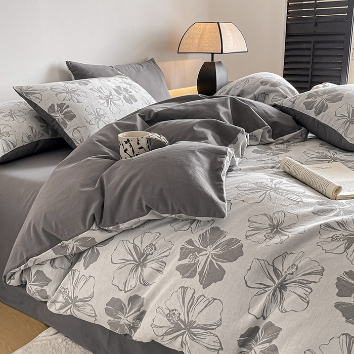 91家纺网 家纺一手货源 找家纺 小叮当家纺仓储工厂店 2025新款(买家秀 不断货)A类亲肤全棉纯棉色织大提花磨毛四件套床单床笠-花漾 繁花寄语-灰