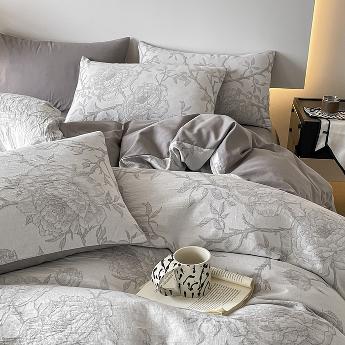 91家纺网 家纺一手货源 找家纺 小叮当家纺仓储工厂店 2025新款(买家秀 不断货)A类亲肤全棉纯棉色织大提花磨毛四件套床单床笠-花漾 山花烂漫-灰