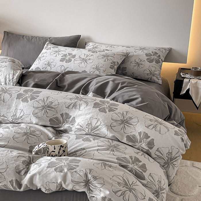 91家纺网 家纺一手货源 找家纺 小叮当家纺仓储工厂店 2025新款(买家秀 不断货)A类亲肤全棉纯棉色织大提花磨毛四件套床单床笠-花漾 繁花寄语-灰