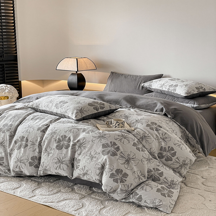 91家纺网 家纺一手货源 找家纺 小叮当家纺仓储工厂店 2025新款(买家秀 不断货)A类亲肤全棉纯棉色织大提花磨毛四件套床单床笠-花漾 繁花寄语-灰