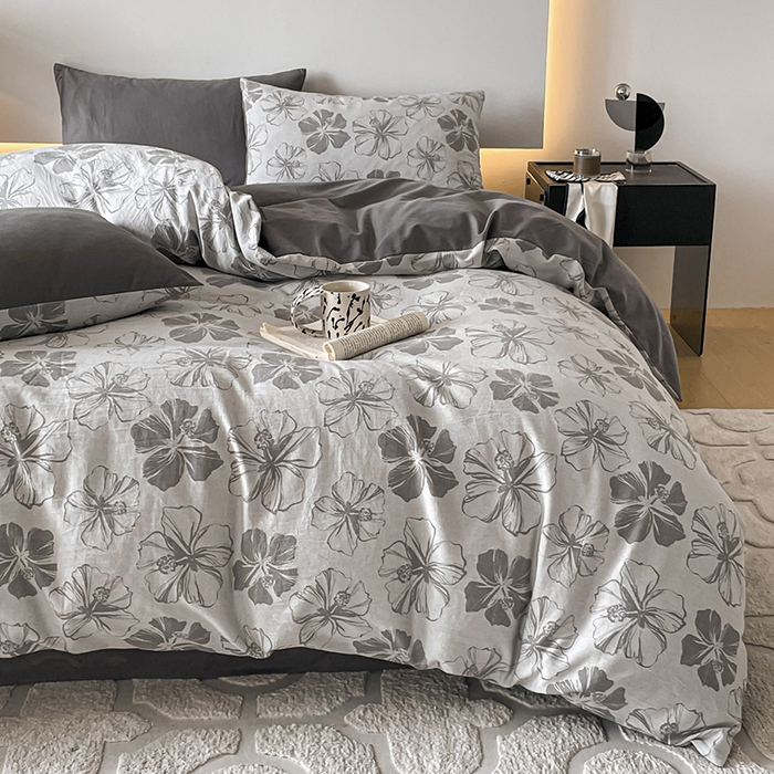 91家纺网 家纺一手货源 找家纺 小叮当家纺仓储工厂店 2025新款(买家秀 不断货)A类亲肤全棉纯棉色织大提花磨毛四件套床单床笠-花漾 繁花寄语-灰