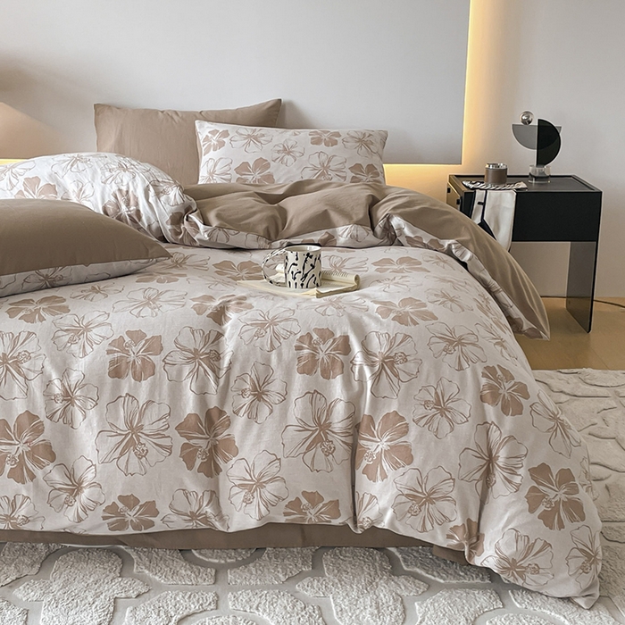 91家纺网 家纺一手货源 找家纺 小叮当家纺仓储工厂店 2025新款(买家秀 不断货)A类亲肤全棉纯棉色织大提花磨毛四件套床单床笠-花漾 繁花寄语-咖