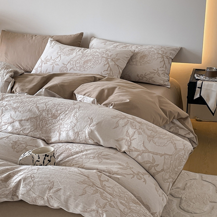 91家纺网 家纺一手货源 找家纺 小叮当家纺仓储工厂店 2025新款(买家秀 不断货)A类亲肤全棉纯棉色织大提花磨毛四件套床单床笠-花漾 山花烂漫-咖