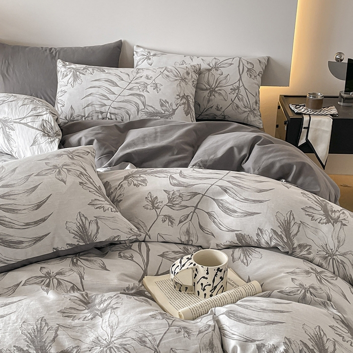 91家纺网 家纺一手货源 找家纺 小叮当家纺仓储工厂店 2025新款(买家秀 不断货)A类亲肤全棉纯棉色织大提花磨毛四件套床单床笠-花漾 花间入梦-灰