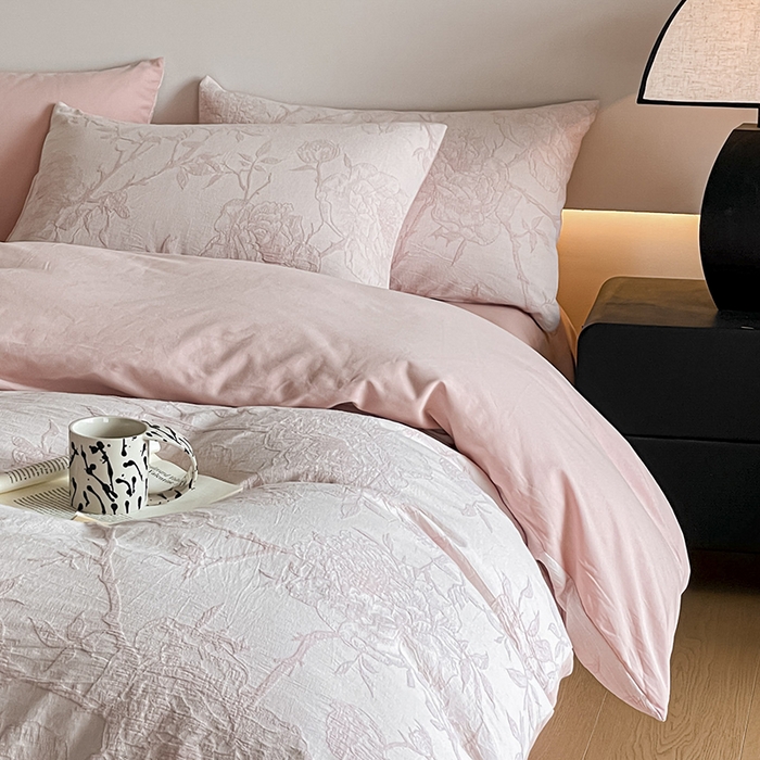 91家纺网 家纺一手货源 找家纺 小叮当家纺仓储工厂店 2025新款(买家秀 不断货)A类亲肤全棉纯棉色织大提花磨毛四件套床单床笠-花漾 山花烂漫-粉